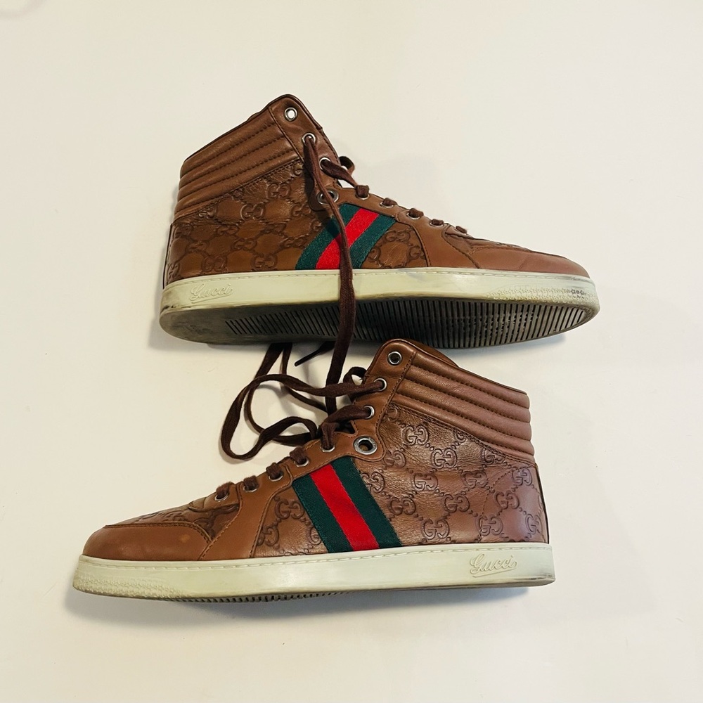 Gucci Guccissima Brown Leather High Top Men’s Signature Sneakers Size 8 G - Picture 4 of 9